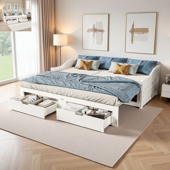 Canapé-lit Gigogne En Pin Massif - 90/180x190 Cm, 2 Tiroirs, Sommier Lattes, Prise USB, Blanc