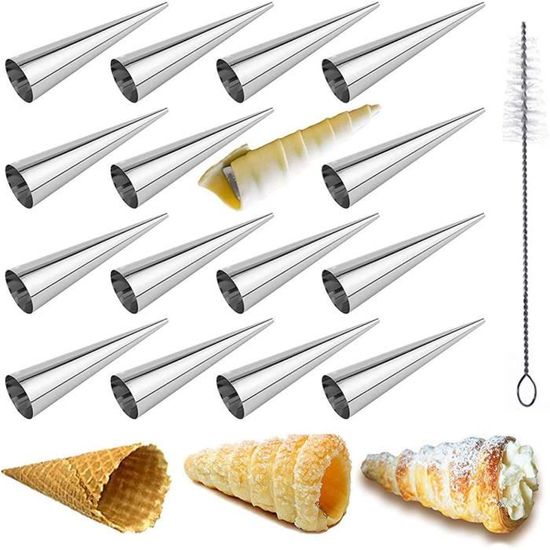 Moules à Cornets à La Crème En Inox - 20 Pièces + 3 Brosses - Pour Cannoli, Croissants, Desserts - 12,5 Cm