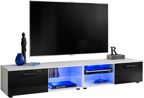 2x Meuble TV T32-100 - LED bleues - Noir Brillant & Blanc - Façades en Brillant - L200cm x H34.5cm x P45cm