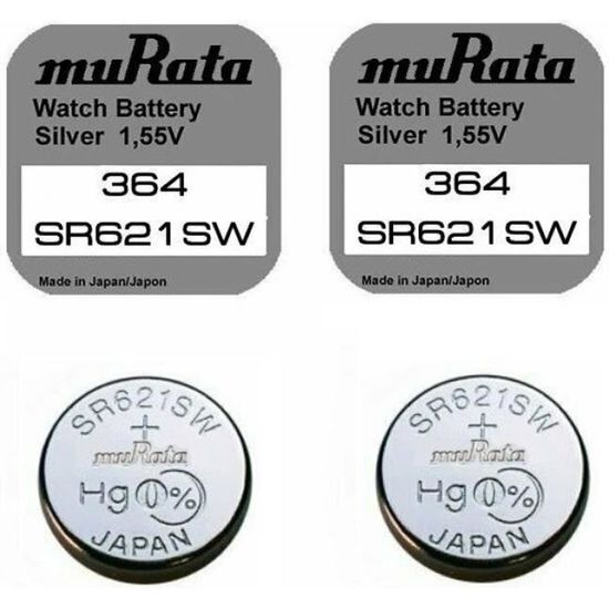 Pile montre SR621SW 364 MURATA (Sony) Oxyde d'Argent 1,55V V364 D364 SR621  SR60 capacité 18mAh lot de 2 piles, péremption éloignée - Cdiscount Jeux -  Jouets