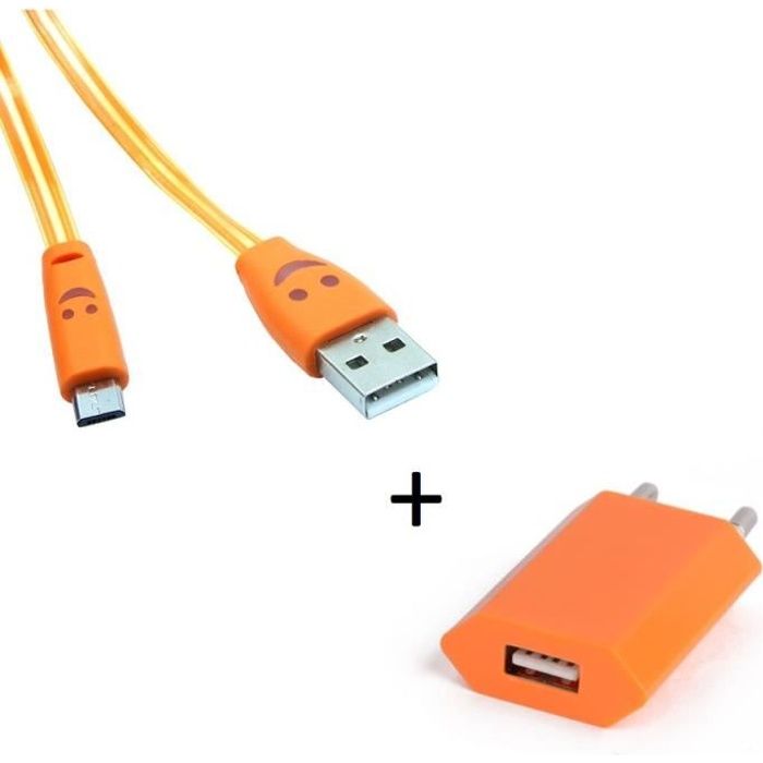 Pack Chargeur pour JBL Flip 4 Micro USB (Cable Smiley LED + Prise Secteur USB) (ORANGE)