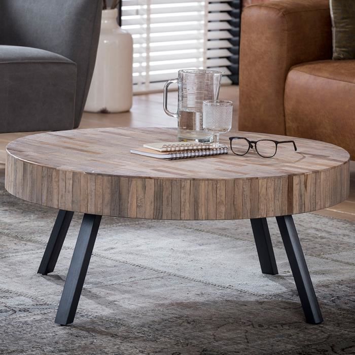 Table basse ronde en teck et métal NICK Gris L 90 x P 90 x H 40 cm