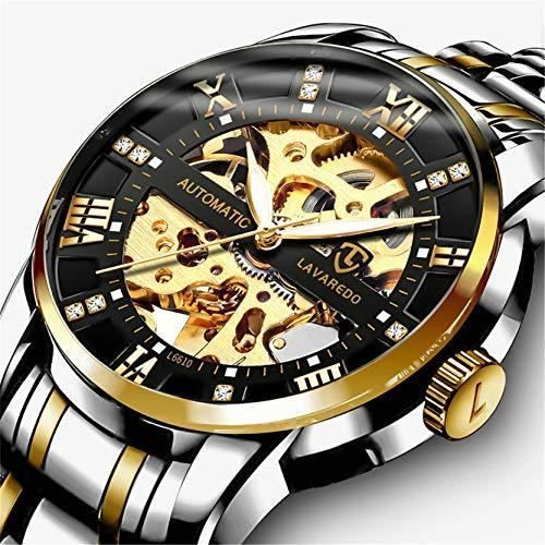 Montres,Montre Homme,Or Noir Mécanique Automatique Acier Inoxydable Squelette Etanche Montres avec Chiffres Romains Cadran en Diaman
