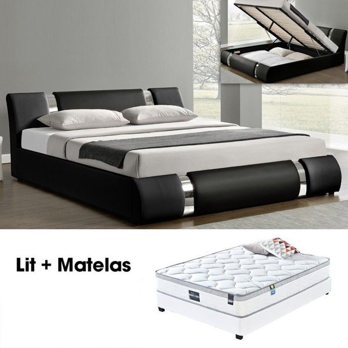 Ensemble matelas sommier coffre - Noir 140 NOVA