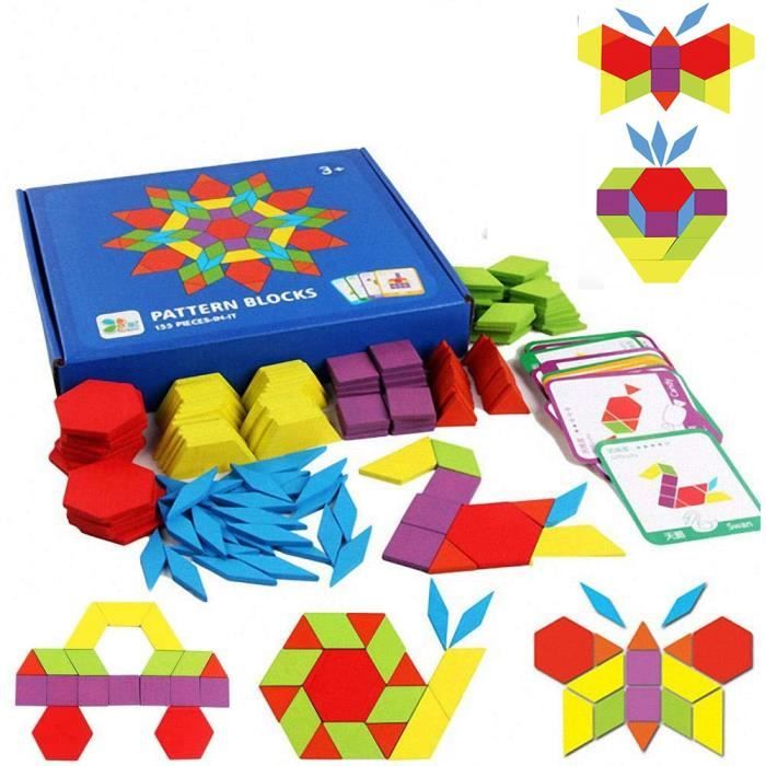 Puzzle en Bois Jouets Blocs Jouets Montessori Jouets éducatifs avec 155 pièces de Forme Géométrique et 24 Cartes de Conception