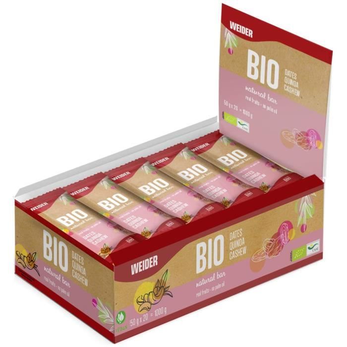 Bio Bar. Barres issues de l’agriculture biologique avec dattesquinoanoix de cajou. Sans sucres ajoutés. Source naturelle d'én 25