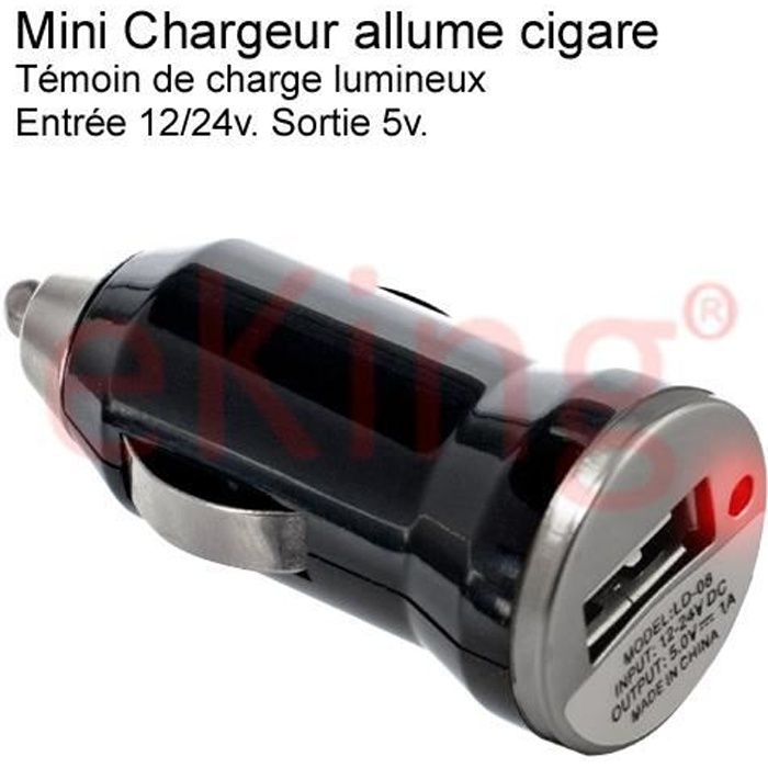 Chargeur allume cigare USB noir - Taille mini : longueur 5cm/Diametre 2.3cm -