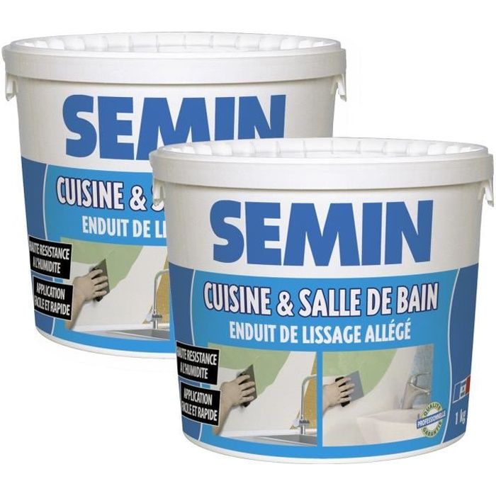 Lot de 2 enduits de lissage cuisine et salle de bain Semin - adapté aux pièces humides - seau de 1 kg