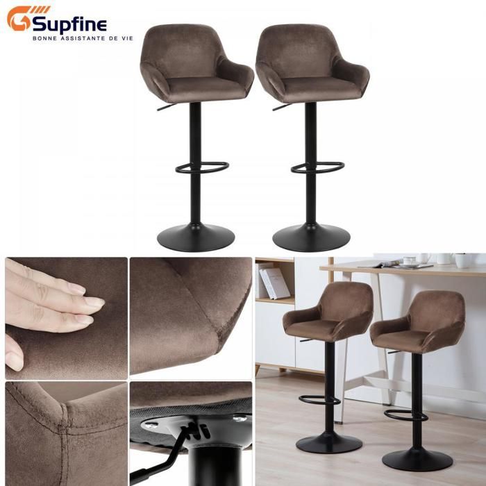 SUPFINE Marron Tabouret de Bar Capacité de Charge 120kg Chaise de Salle à Manger Lot de 2 Métal + Velours + Éponge Fauteuil