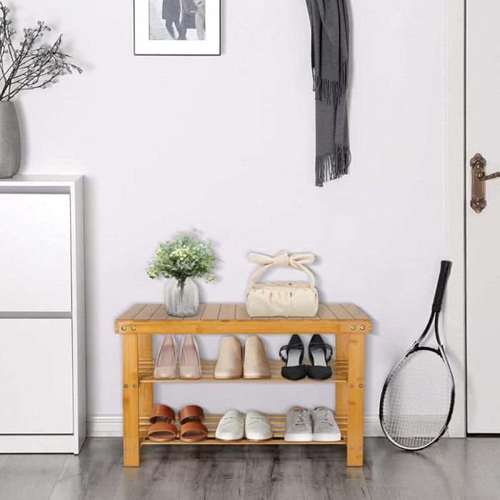 JEOBEST - Banc à Chaussures en Bambou à 2 étagères étagère de rangement étagère de salle de bain étanche - 70*27*42 cm