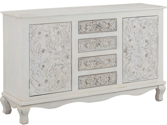 Rajat  Buffet 2 portes et 4 tiroirs en bois de manguier blanc et gris
