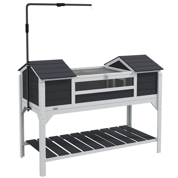 Maison tortue terrestre extérieure - PawHut - 2 niches - support de lampe réglable - toit ouvrable - bois massif - gris
