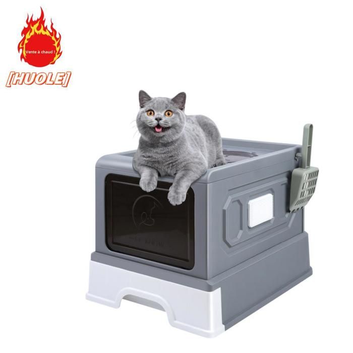 Meilleurs prix pour 36*45.5*32cm Bac à litière pour chat (avec grattoir) avec couvercle rond, design pratique, gris.