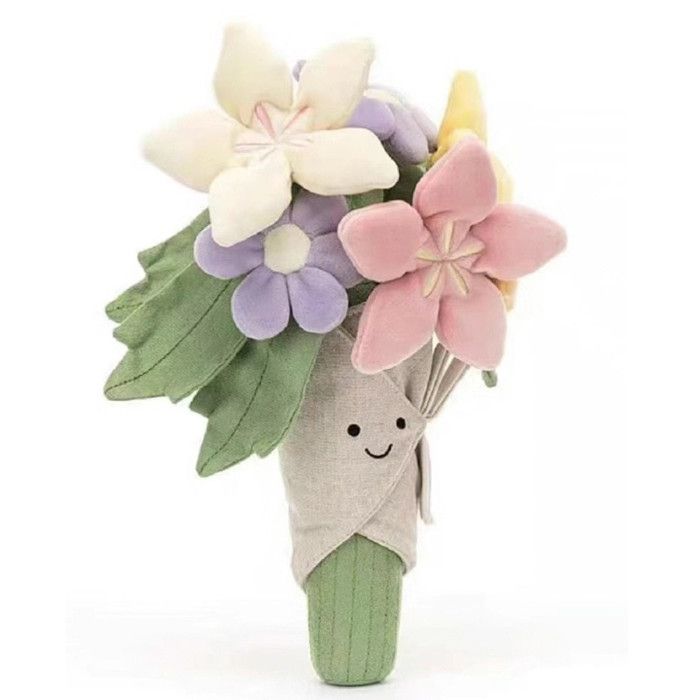 Bouquet de peluches avec des fleurs filles souriantes cadeau pour anniversaire Noël ensemble