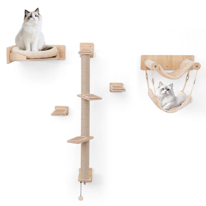 Meilleurs prix pour Arbre à Chat Mural 5PCS en Bois COSTWAY 2 Hamacss Lit Marches Poteaux à Griffer en Jute Coussins en Peluche Amovibles Lavables