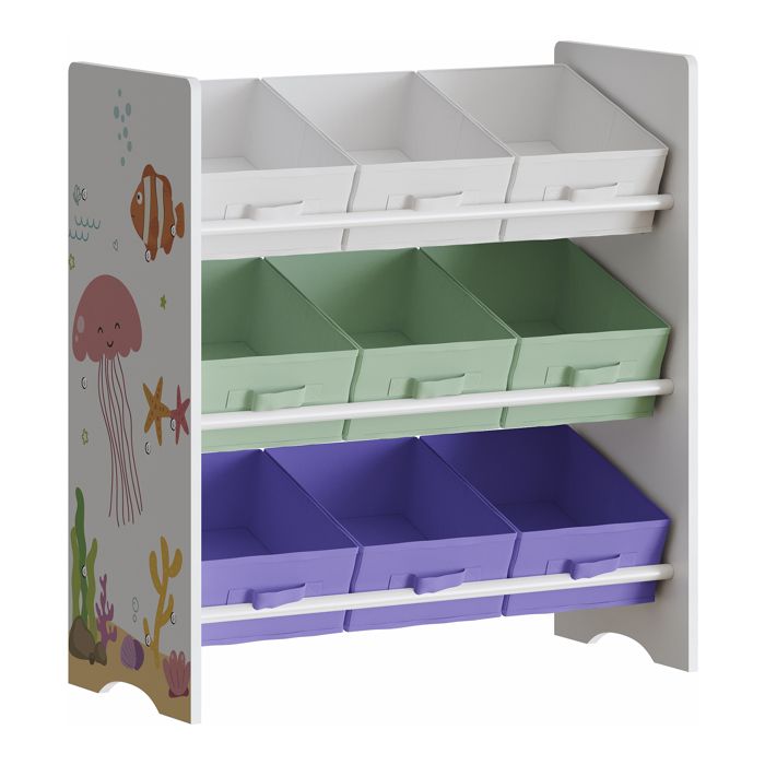 Étagère de rangement Boiro pour enfant avec 9 bacs pliables blanc / vert clair / violet Étagère de rangement Boiro pour enfant avec 9 bacs pliables blanc / vert clair / violet