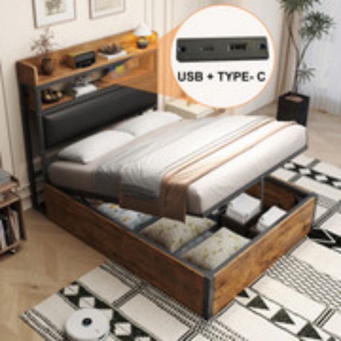 Lit 1 Personne vintage 90x200 cm avec Port USB Structure de lit avec TêTe de Lit en Bois et MéTal Lit Simple Rembourré Noir