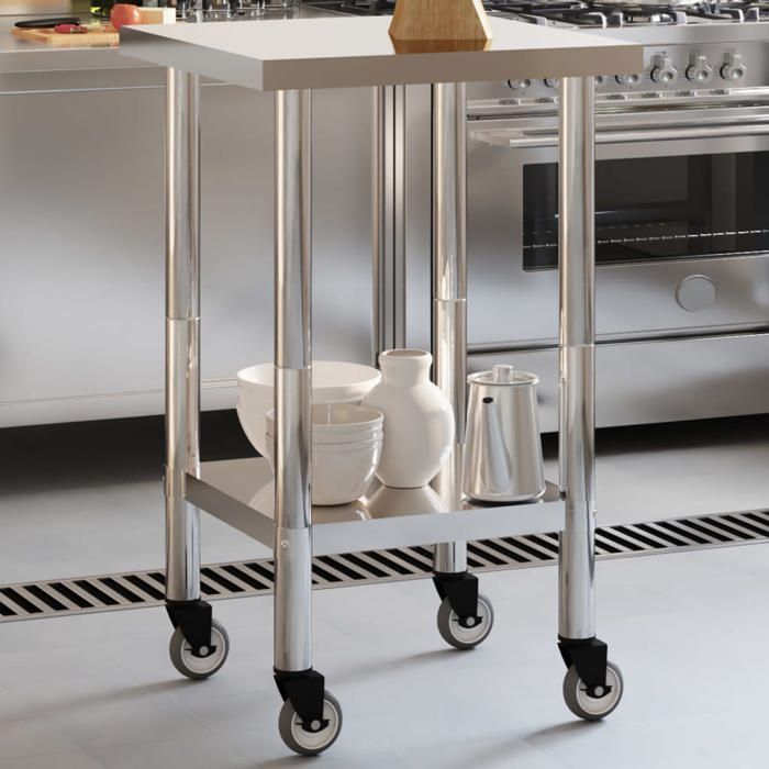 BEST-HOME Table de travail de cuisine Étagère de rangement - plan de travail - avec roues 55x55x85cm inox kvci39290