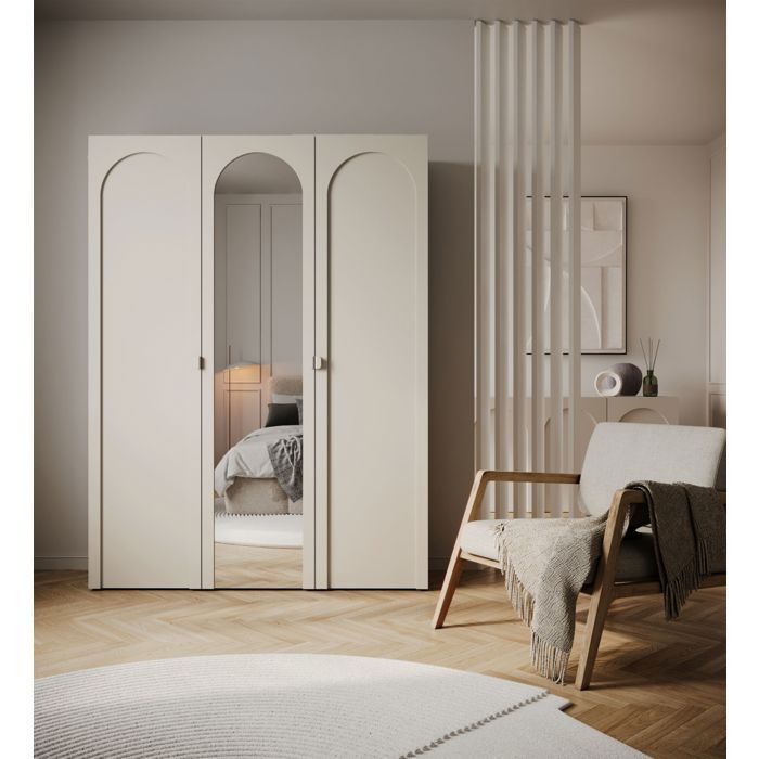 Armoire avec miroir et 3 portes à façades cintrées – Arkadia – 150 cm – gris cachemire