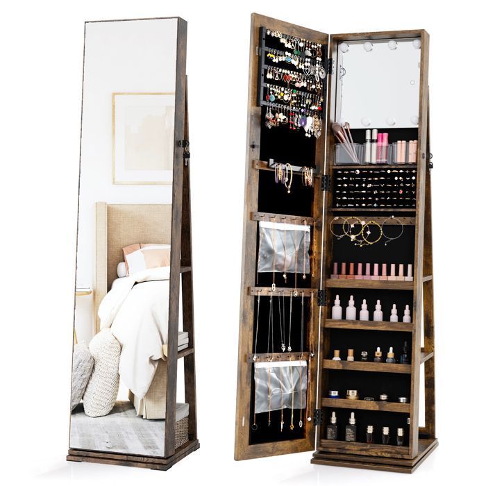 3 en 1 Armoire à Bijoux Pivotante à 360° COSTWAY Lumières LED Miroir Pleine Longueur Étagères Arrière Boîte en AcryliqueMarron