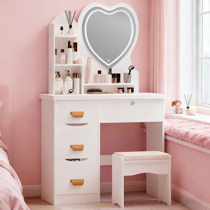 Coiffeuse avec Miroir LED en Cœur – FIANAO – 4 Tiroirs Éclairage 3 Couleurs Étagères Ouvertes 80×40×135 cm