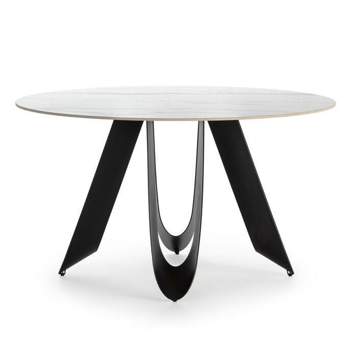 Table de repas design Ø 134 cm avec plateau céramique imitation marbre blanc pied métal noir architectural - LEILA