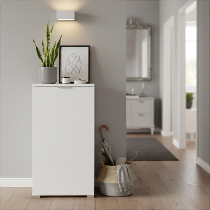 Meuble bas - THE WHITE STONE - L45×P38×H85 cm (1 porte) - Blanc mat - Étagère réglable - Format slim Meuble bas - THE WHITE STONE - L45×P38×H85 cm (1 porte) - Blanc mat - Étagère réglable - Format slim