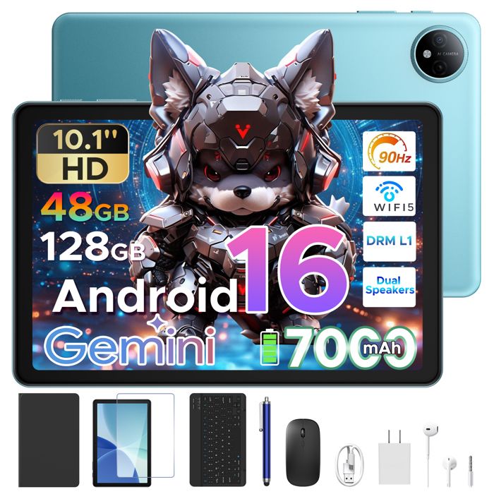 GOODTEL Tablette tactile 10.1 Pouces, 30Go RAM + 64Go ROM, Android 15, 5GWIFI, 8 coeur, 6000mAh batterie, Clavier et souris-Noir - Informatique