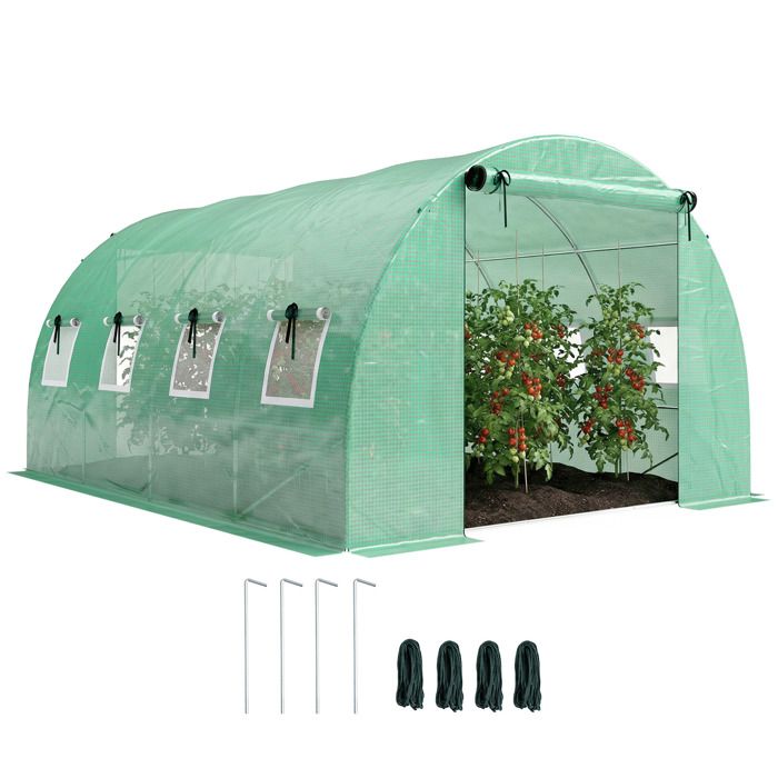 Serre tunnel de jardin - Outsunny - 12 m² - bâche PE 140 g/m² - 2 portes et 8 fenêtres - 295x400x200cm - bâche PE 140 g/m² - vert