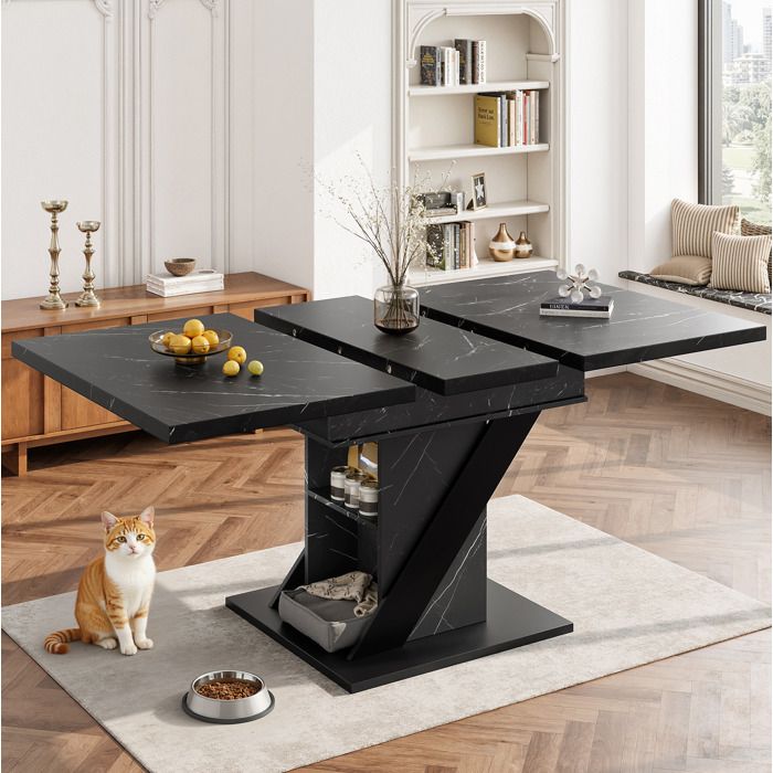 Table à manger extensible 110-140 cm rectangulaire. table de salon cuisine. MDF + métal. noir-1 étagère
