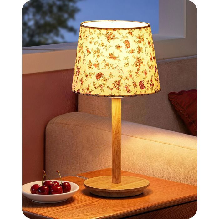 Lampe de chevet - EDISHINE - French Bloom - Socle bois massif - Abat-jour tissu floral rouge - 2700K (blanc chaud)