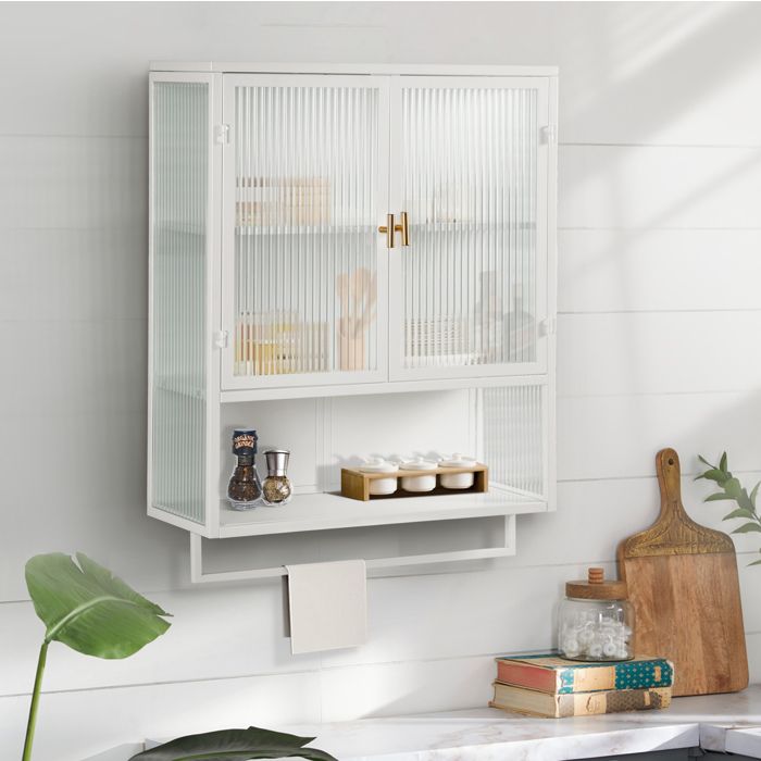 Armoire murale 2 portes en verre strié avec étagère et porte-serviettes - ELVMI - métal et verre - Blanc 60 × 23 × 78 cm