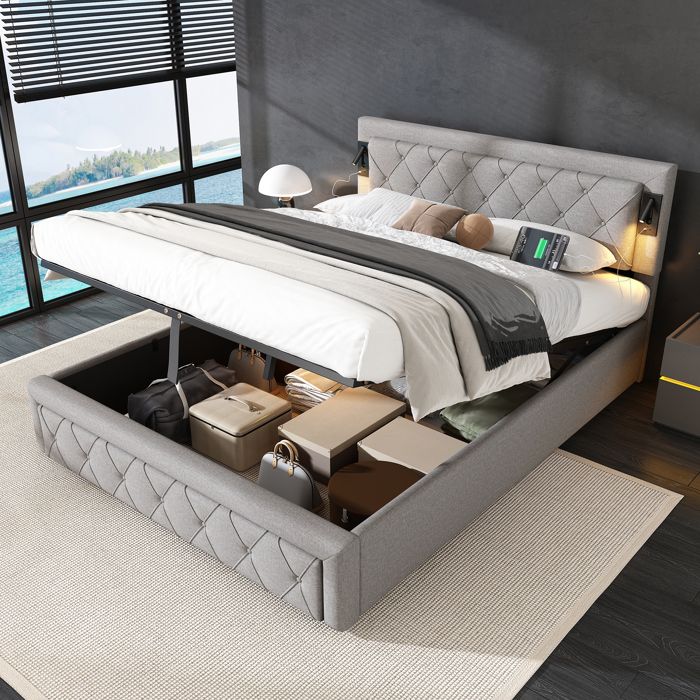Lit Coffre 160x200 cmLit Double avec Tête de Lit Diamant Rangement Hydraulique et LED Pour Ado et Adulte Sans Matelas Lin Gris