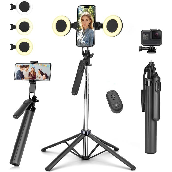 Trépied selfie stick 180 cm - 2 lampes LED rechargeables télécommande amovible métal rotatif 360°