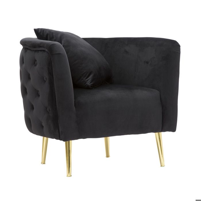 Fauteuil Bucarest en velours noir avec accoudoirs capitonnés et pieds dorés 76x74x71 cm - Réf. VK8681847398936
