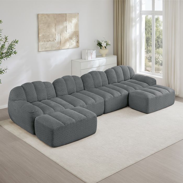 Canapé modulaire en forme de U - 4 places - 2 ottomans - Gris - Velours côtelé - Mousse haute densité 32D