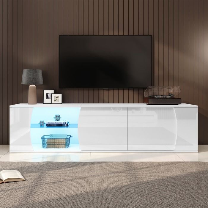 Meuble TV 180*40*45 cm meuble TV de salon avec 3 portes et lumières LED convient pour un téléviseur de 80 pouces - blanc