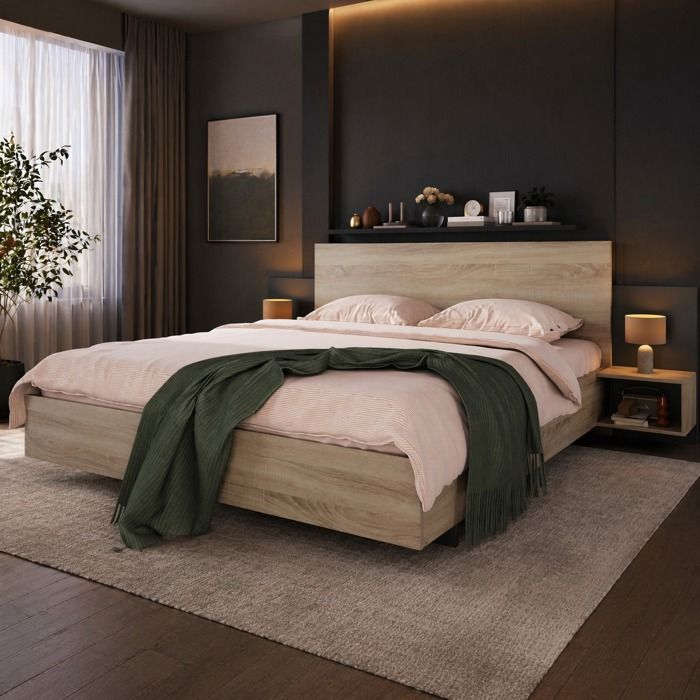Lit double sommier à lattes avec 2 tables de chevet - TCQPZ - bois chêne Sonoma gris foncé 160 × 200 cm