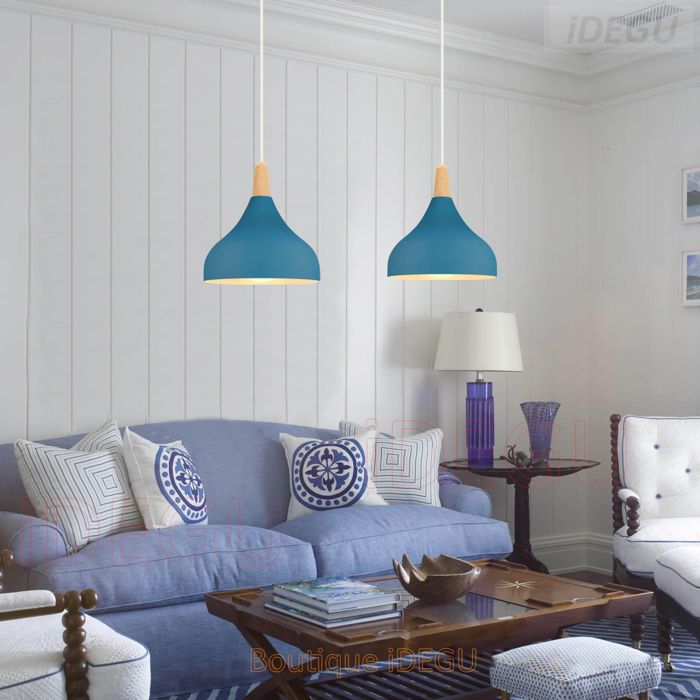 ElektraH 2x Lustre Suspension Moderne 20cm E27 Lampe de Plafond Vintage Abat-jour en Metal Bois Style Goutte Chapeau Retro Bleu