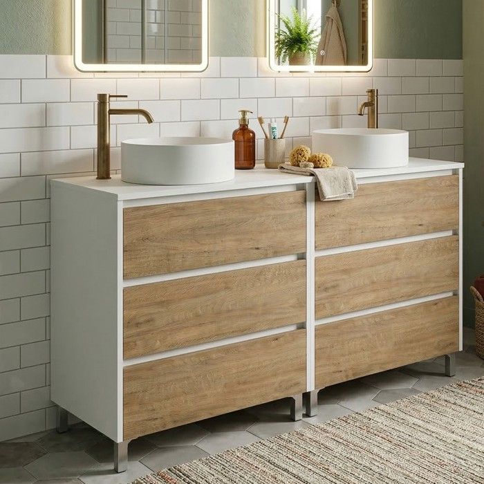 Meuble double vasque à poser L. 120 cm sur pied Blanc laqué 6 tiroirs Chêne naturel LISBONA - sans colonne Meuble double vasque à poser L. 120 cm sur pied Blanc laqué 6 tiroirs Chêne naturel LISBONA - sans colonne