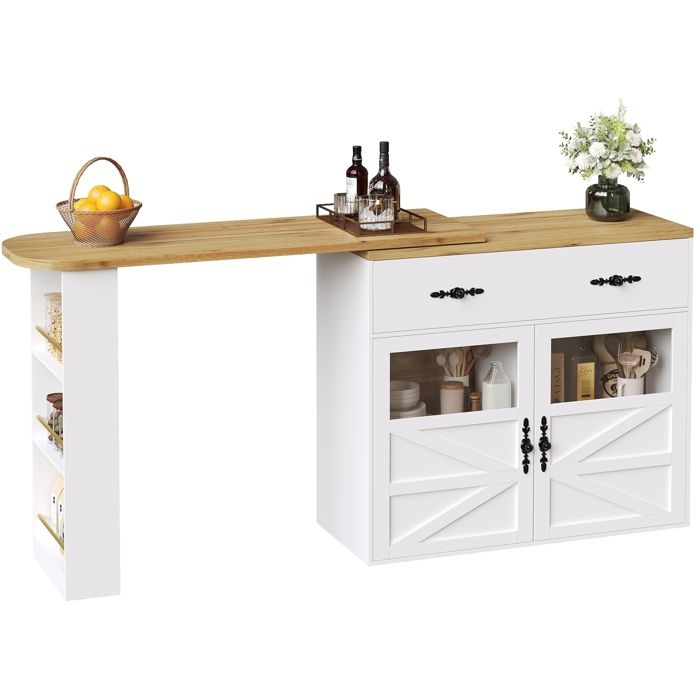 Buffet de cuisine pivotante 360° 138-204x39x104 cm avec rangement étagères réglables MDF blanc