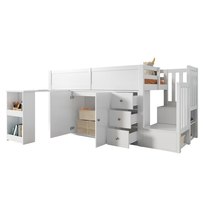 Lit Mezzanine Enfant Blanc 90x200 Bureau Coulissant Rangements Escalier Placard MDF sans Matelas