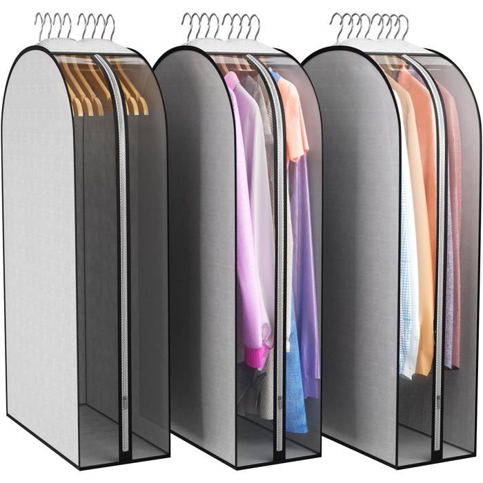 Housse Vêtements Suspendue 3 Pièces 102 cm Housse Costume 10 cm Soufflet Fermeture Éclair Côté Transparent Gris