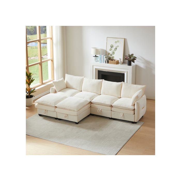 Canapé modulable 6 places avec rangement en chenille beige