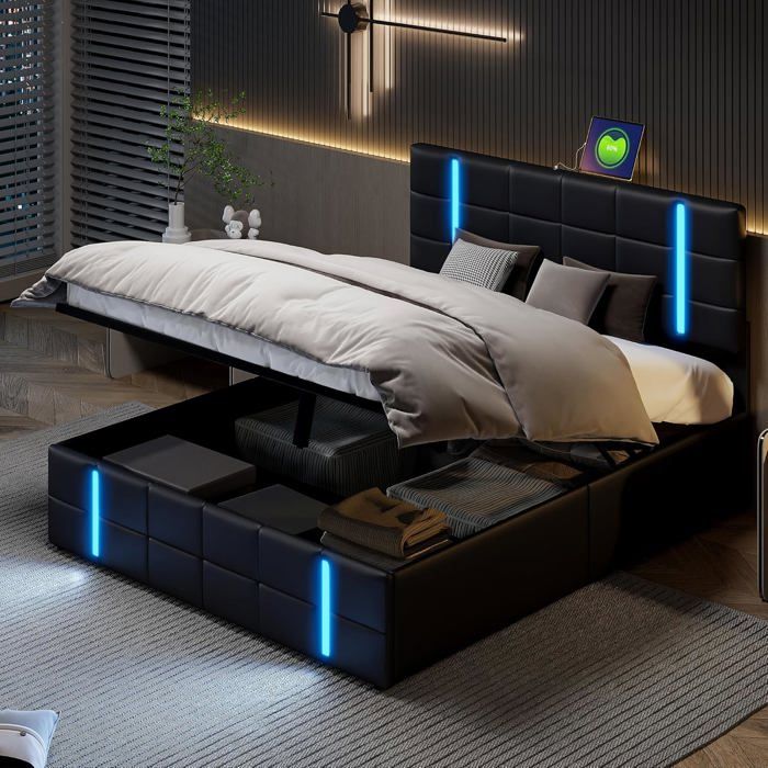 Lit Coffre 140x200 avec LED & USB double rembourré rangement & sommier lattes 2 pers adultes & ados PU noir