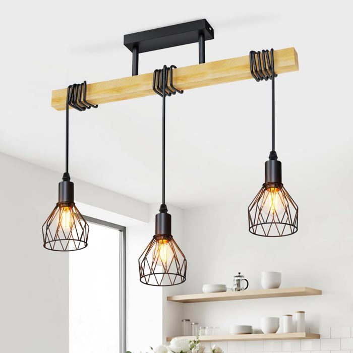 Suspension Luminaire Industrielle E14 Luminaire Salle a Manger 520MM Noir Lustre Salon Bois avec 3 Têtes Lustre Industriel avec
