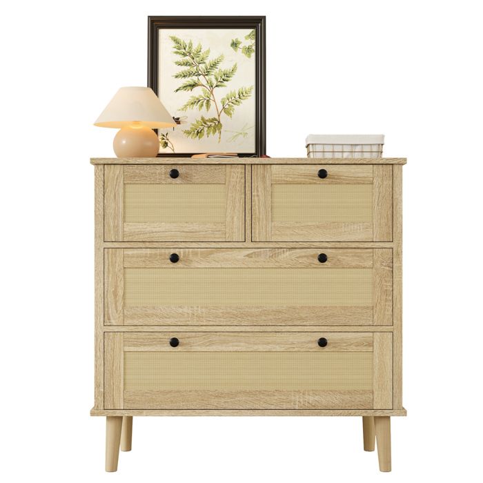Commode 4 tiroirs en cannage de rotin rangement chambre pieds bois massif