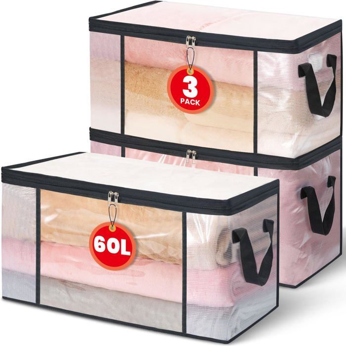 Lot de 3 sacs de rangement transparents 60L – boîte sous lit/armoire housse pour couette organisateur de placard pliable av - 60L