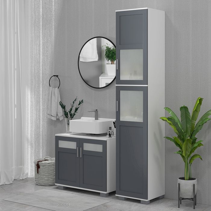 Meuble sous lavabo - 69x35x59 cm - 2 portes verre trempé - Blanc et gris - Étagère réglable