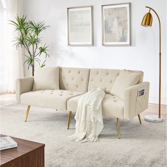 Canapé convertible 2 places en velours beige dossier réglable 3 positions 2 coussins inclus pieds métal doré